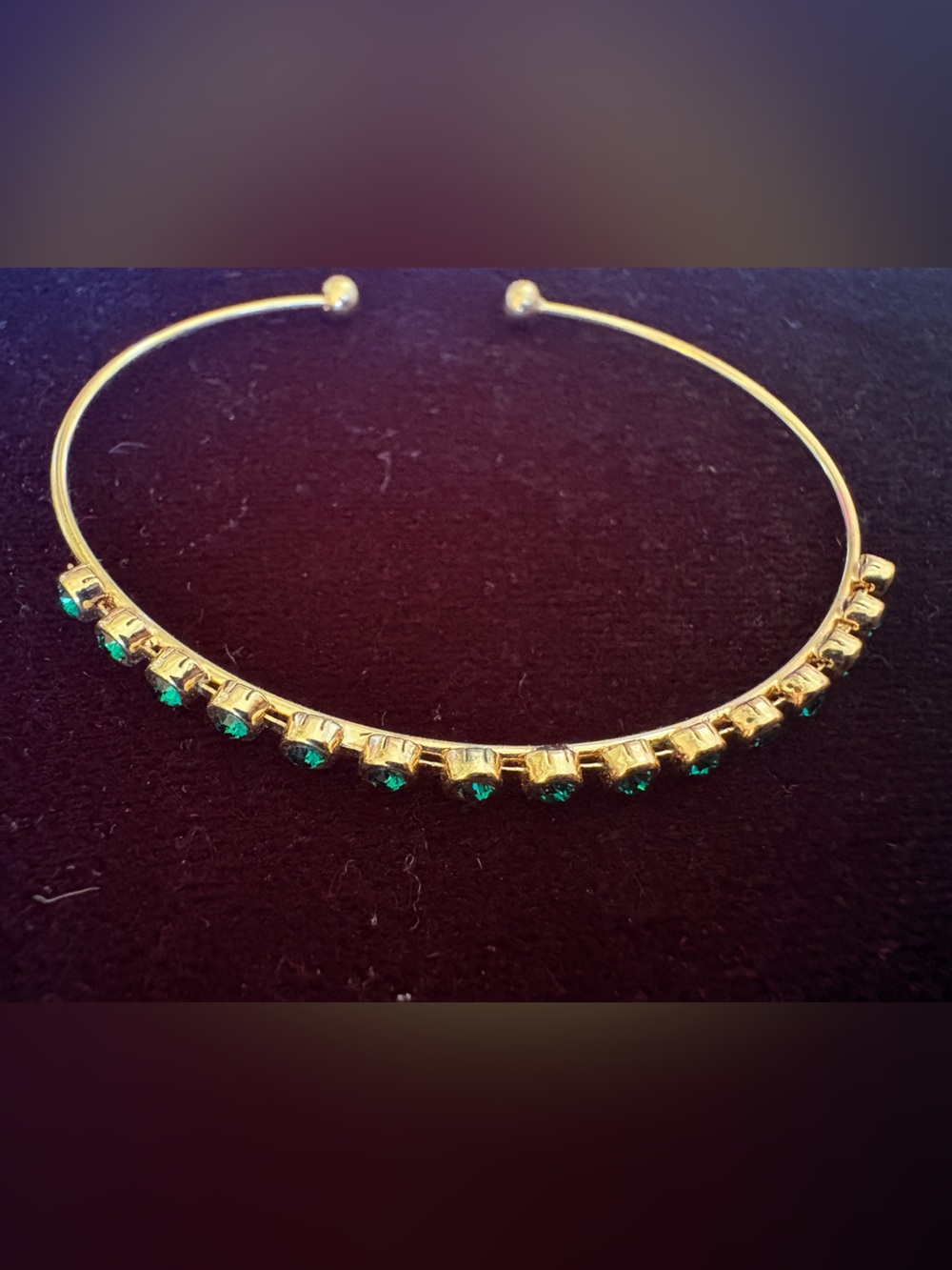 Dainty Gold Plated Bangle Bracelet with Emerald Green Crystal Accents